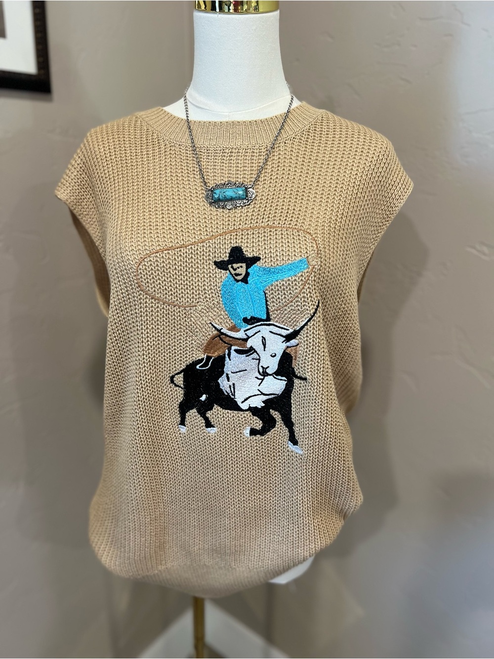 Tan Knit Sleeveless Top with Rodeo Bull Embroidery